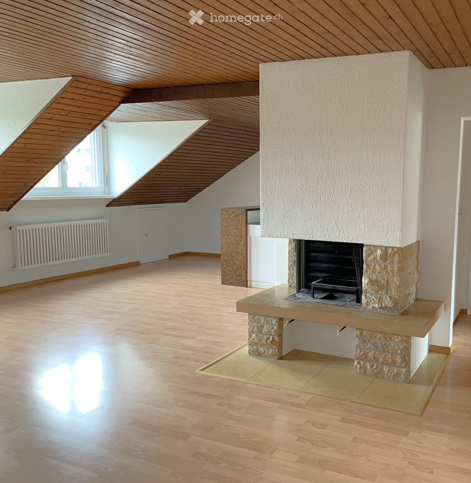 empty room, hardwood floors, fireplace, attic windows