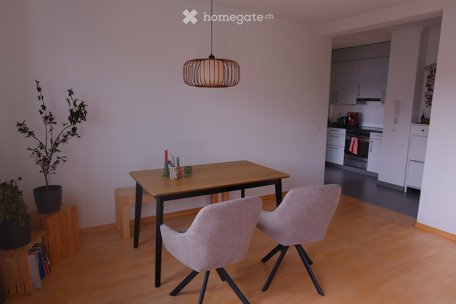 Modern dining area with a wooden table, two grey chairs, pendant light, and a potted plant. The kitchen is visible in the background with white cabinets and stainless steel appliances.