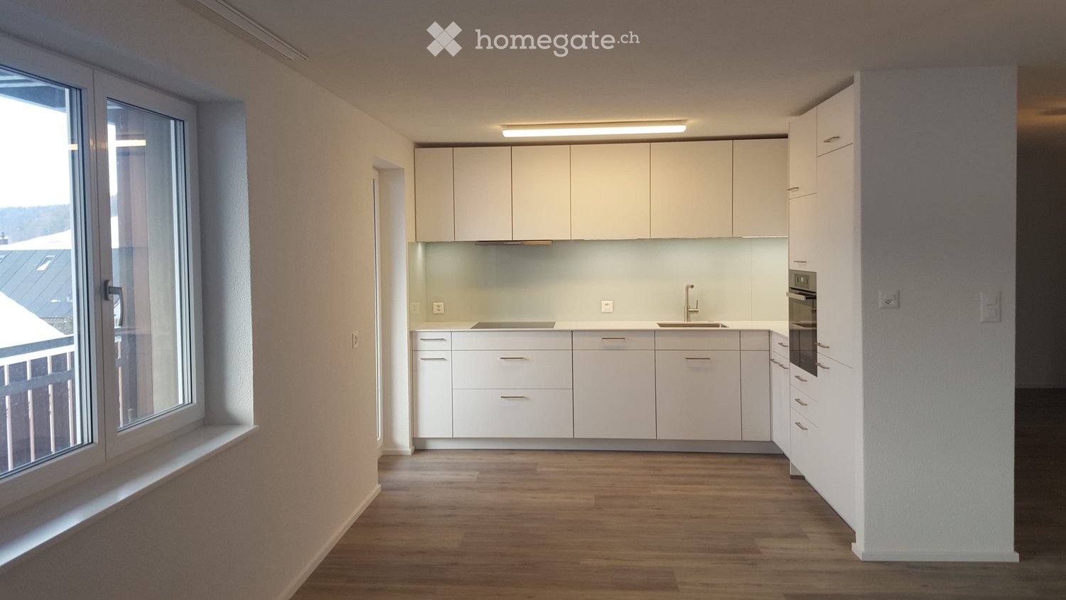 Modern kitchen with white cabinets, wooden flooring, and large windows offering a view of the roof.