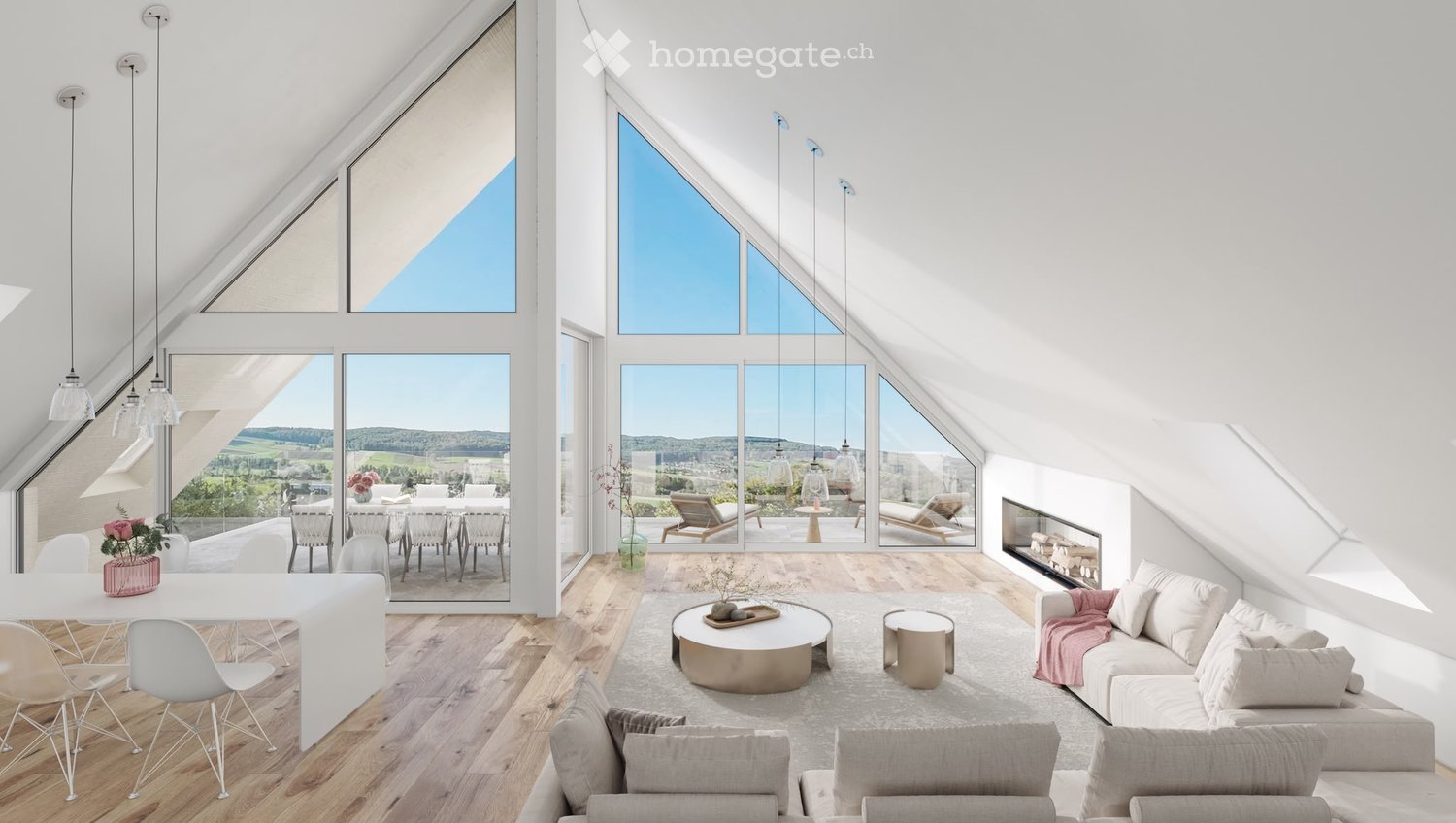 Open-concept living and dining area with large windows, wooden flooring, a sofa, coffee table, dining table, and fireplace.
