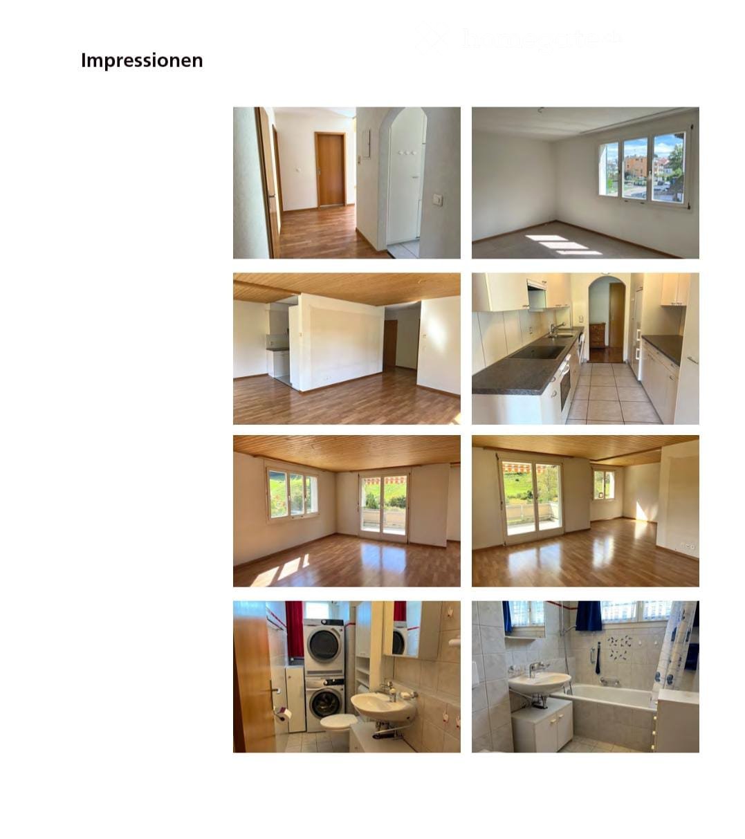 A collection of images showcasing various rooms in a house, including a hallway, living room, kitchen, bedroom, and bathrooms, all with wooden flooring and white walls.