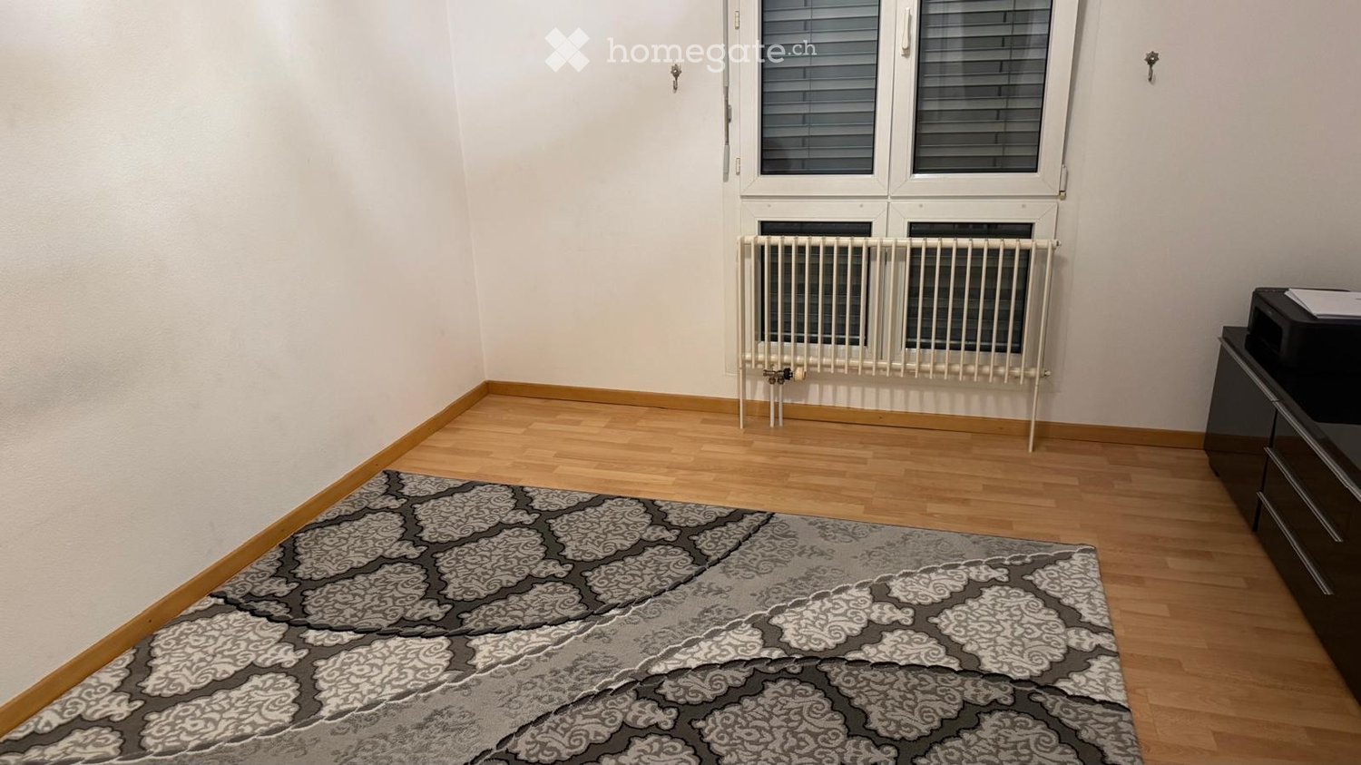 Empty room with wooden flooring, a radiator, a printer on a cabinet, and a patterned rug on the floor.