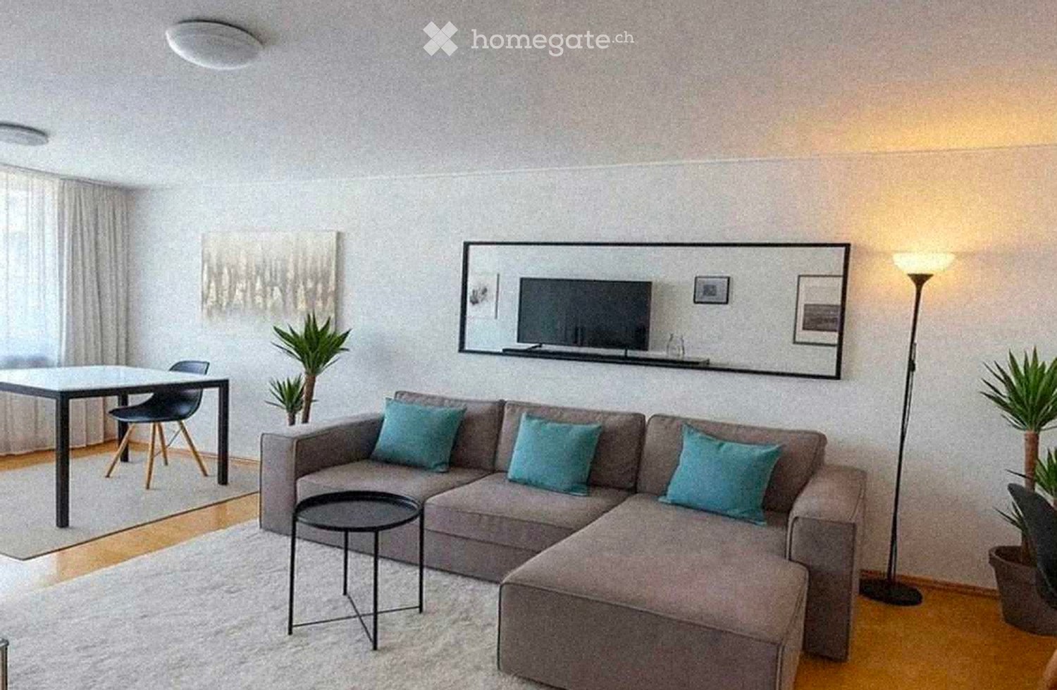Modern living room with a grey sectional sofa, teal throw pillows, a small black coffee table, a dining area with a table and chairs, a floor lamp, a large mirror with a TV mounted on it, and potted plants.