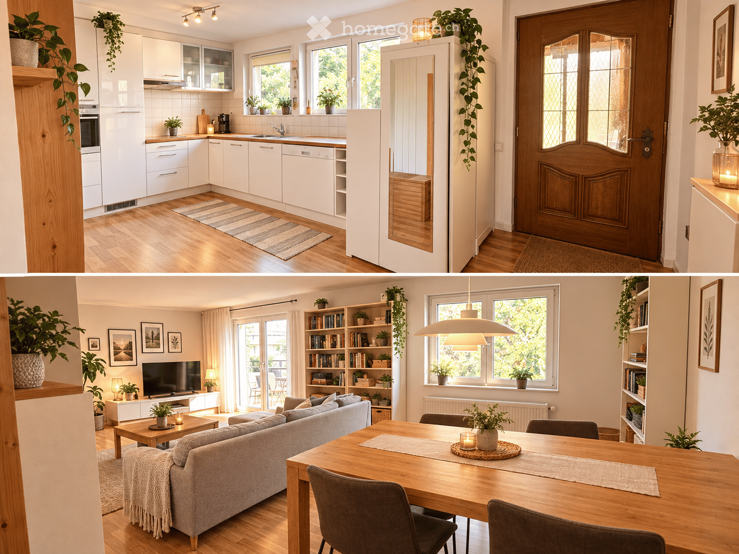 The image shows a modern, well-lit living and dining area connected to a sleek kitchen. The living room features a grey sofa, coffee table, dining table with chairs, bookshelf, and television. The kitchen has white cabinets, stainless steel appliances, an