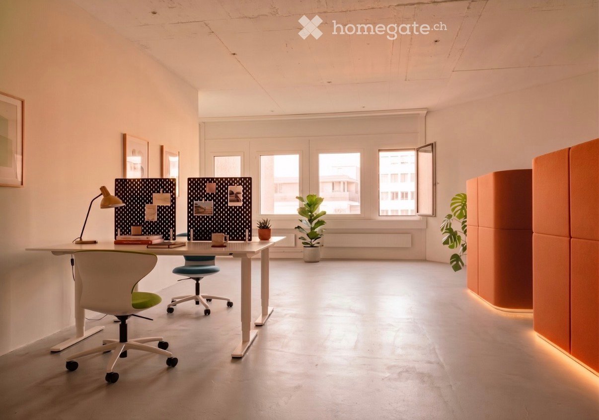 Modern office space with a white table, two chairs, a lamp, a potted plant, and a screen with photos.