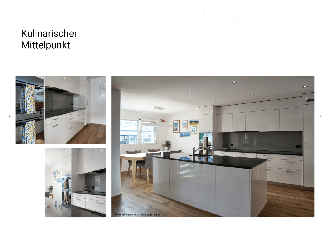 Modern kitchen with white cabinetry, black countertop, large window with city view, dining area with table and chairs.