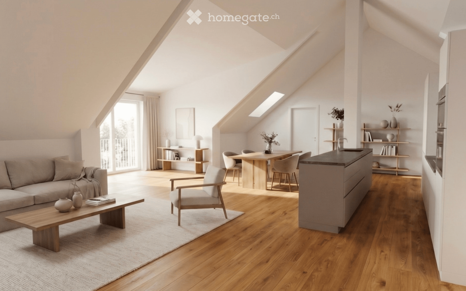 Bright, open-concept attic space with wooden flooring, large windows, and skylights. Features a living area with a sofa, coffee table, and armchair, and a dining area with a round table and chairs. A modern kitchen island is visible, along with built-in s