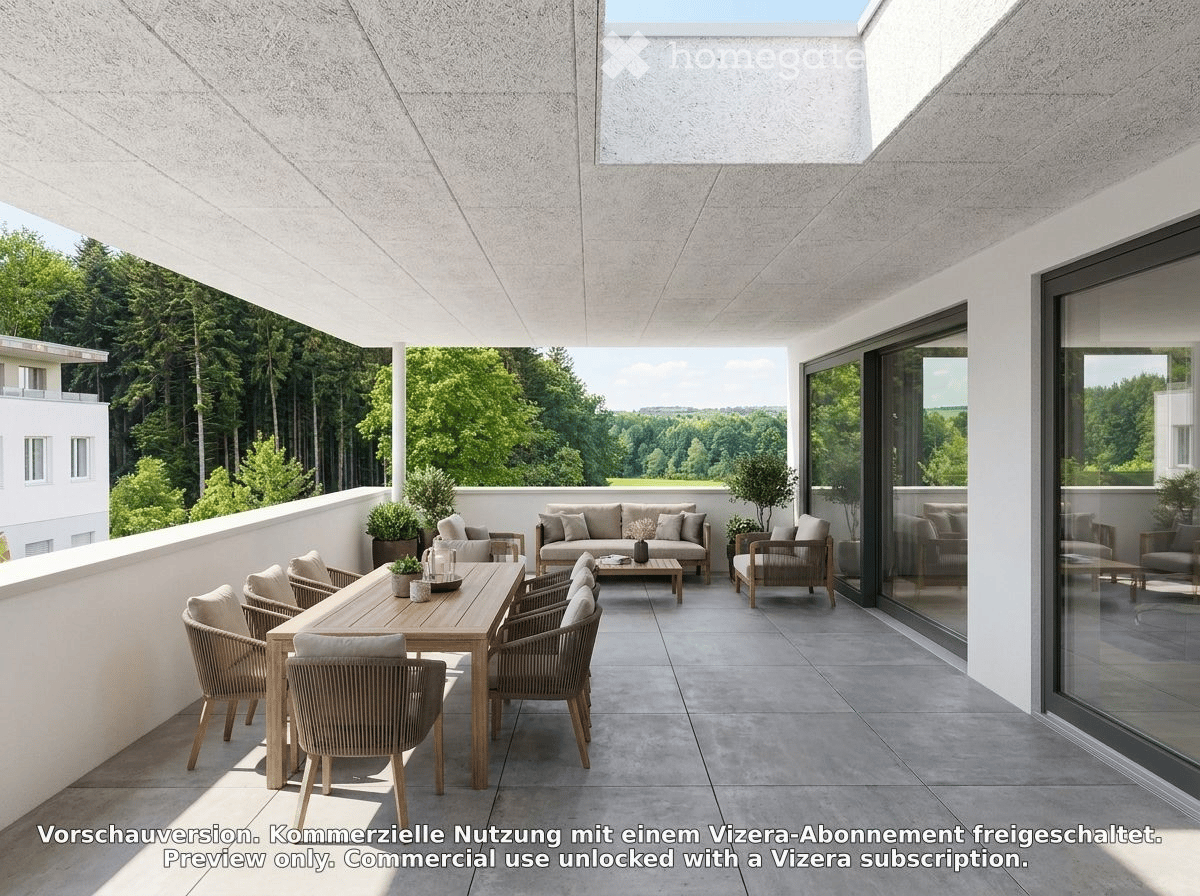 Modern balcony with a dining table, chairs, sofa, and coffee table, overlooking a lush green landscape.