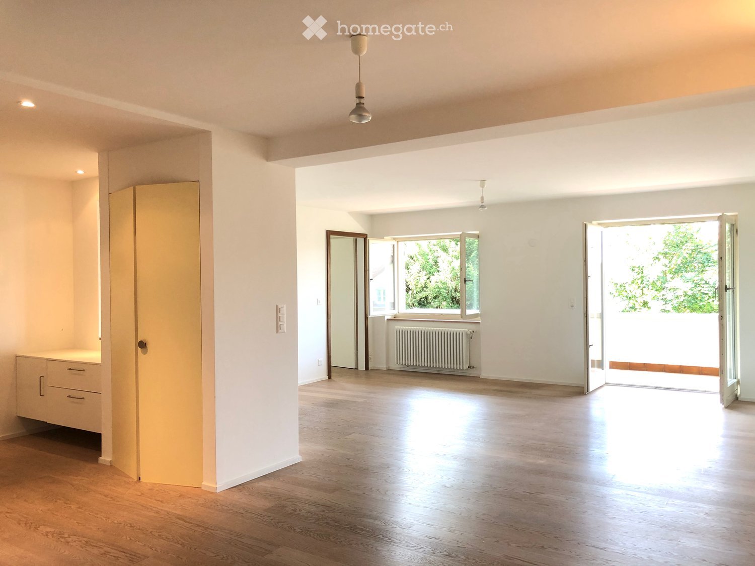 Empty room with wooden flooring, white walls, and large windows allowing natural light. Features include a radiator, a small cabinet, and a pendant light fixture.