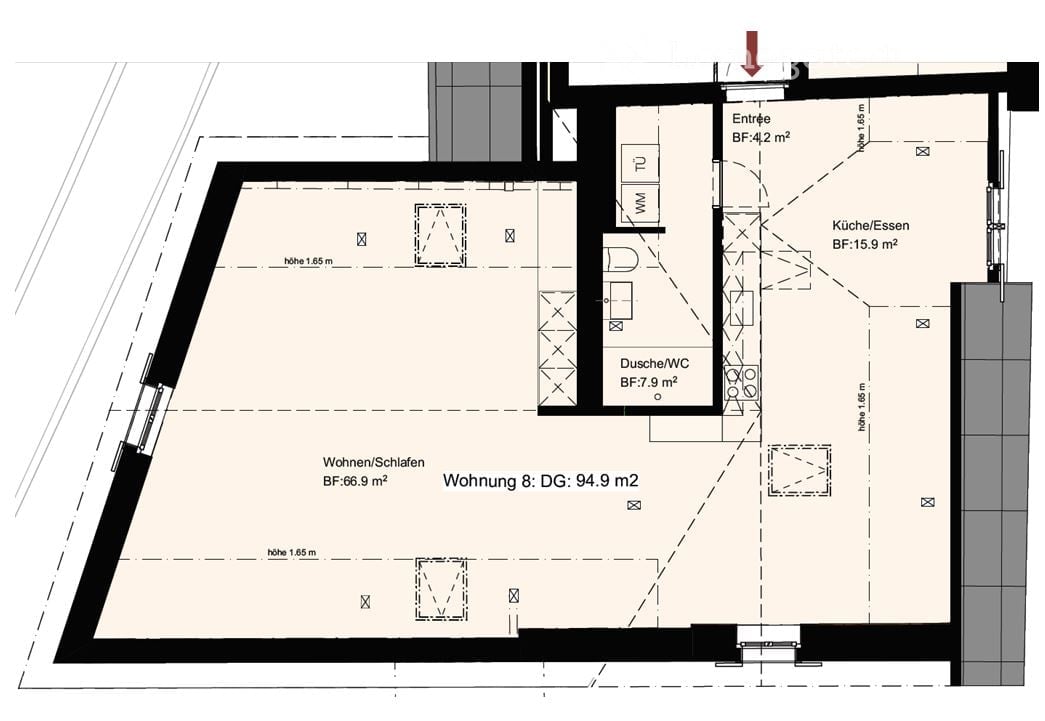 Floor plan of a residential unit showing entrance, kitchen/dining area, bathroom, and living/sleeping area. Dimensions and room labels are provided.