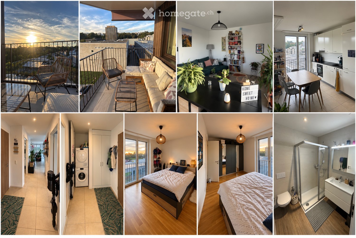 A collage of six images showcasing a modern, well-furnished apartment with a balcony, living room, dining area, bedroom, hallway, and bathroom.