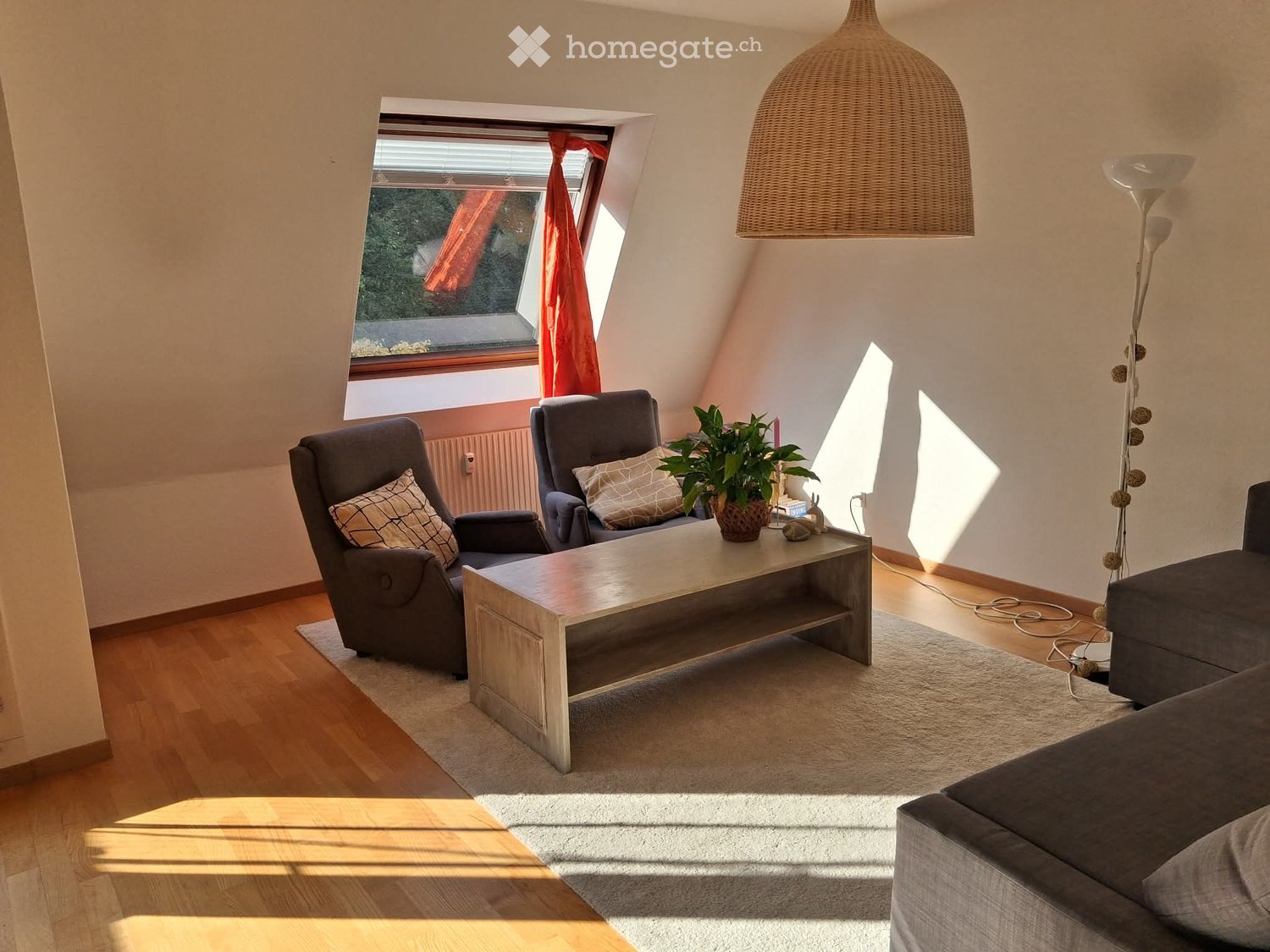 Modern living room with wooden flooring, large window, grey sofa, armchair, coffee table, potted plant, and decorative lighting.