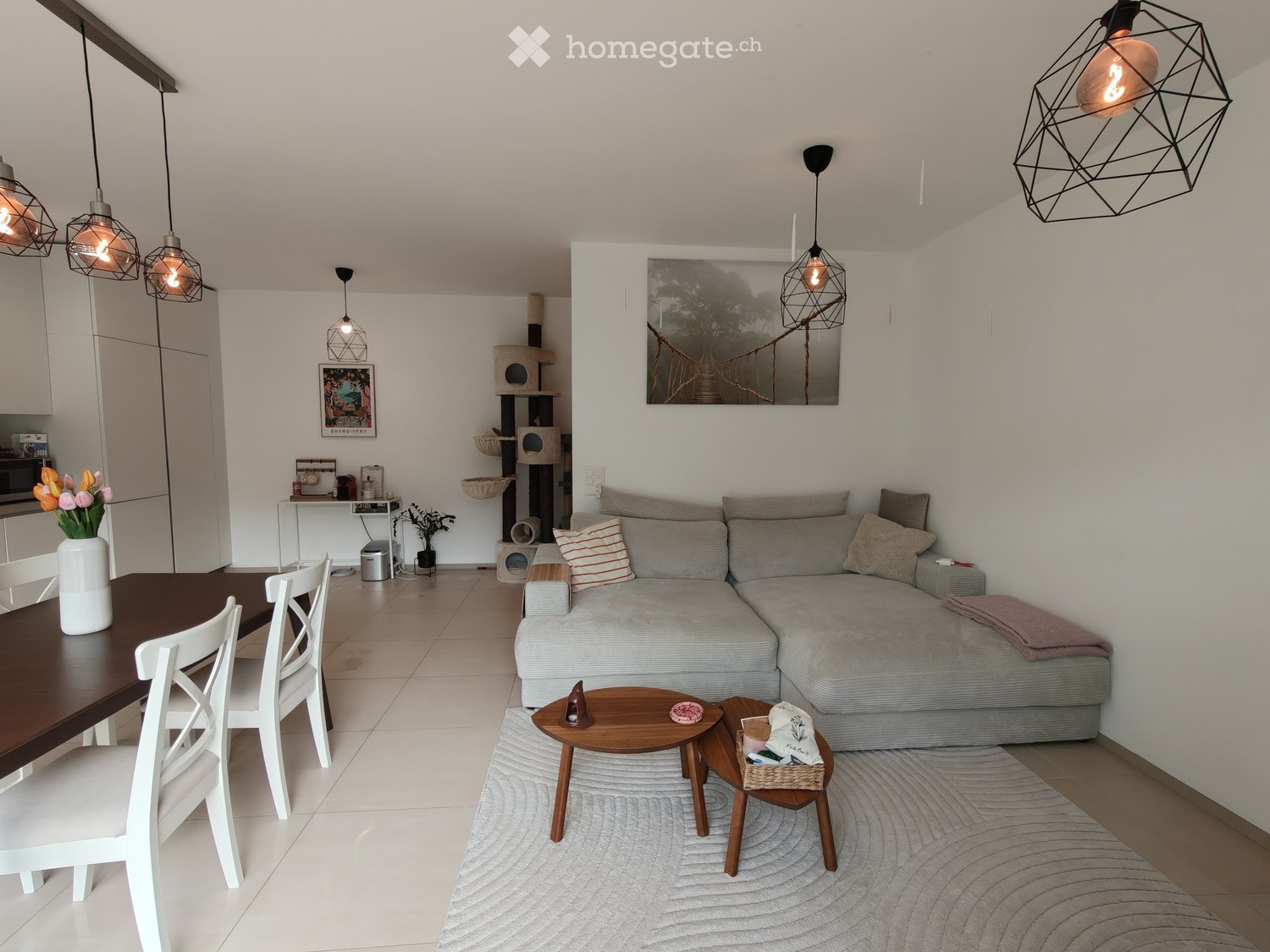 Modern living room with a grey sectional sofa, wooden coffee table, white dining table with chairs, cat tree, and decorative items.