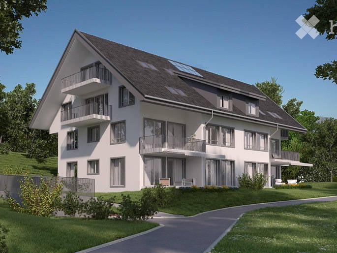 Modern white house, 3 floors, balconies, solar panels on the roof, driveway