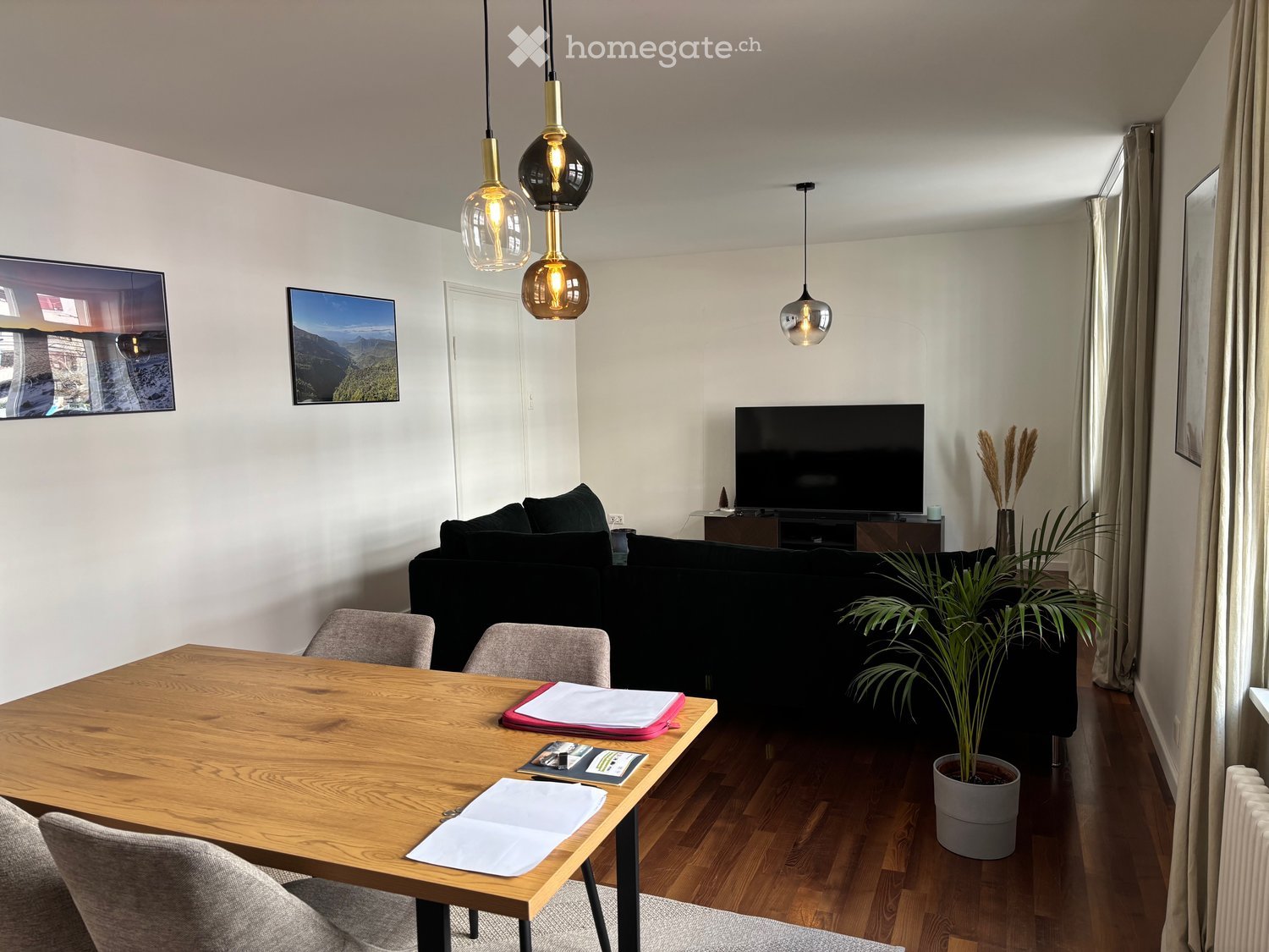 Modern living room with a black sectional sofa, wooden dining table with chairs, flat-screen TV, pendant lights, and a potted plant.