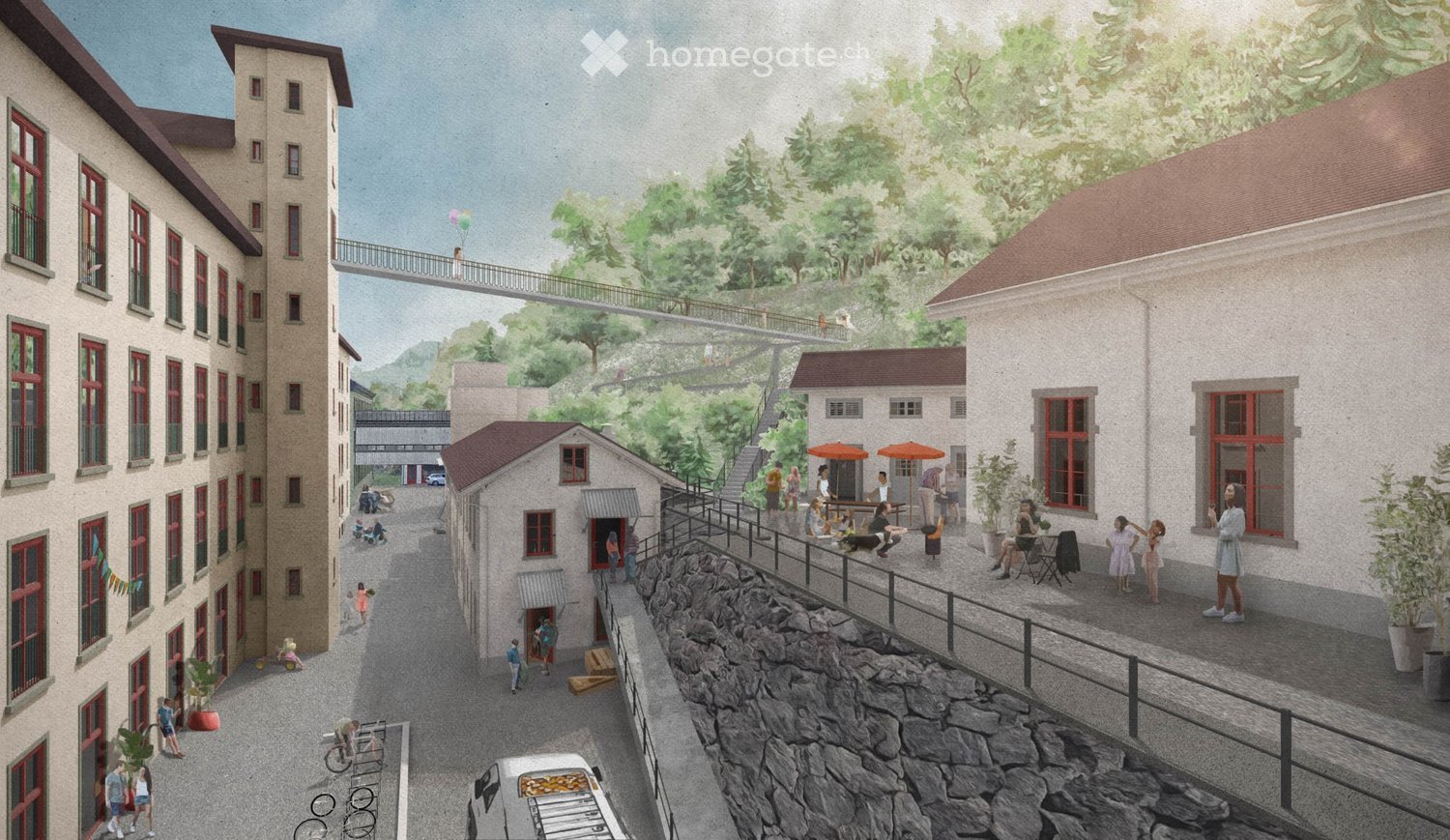 A detailed architectural rendering of a multi-story building complex with a modern design, featuring a raised ground floor, outdoor seating areas, and a bridge connecting to another structure. The scene includes people, bicycles, and greenery.