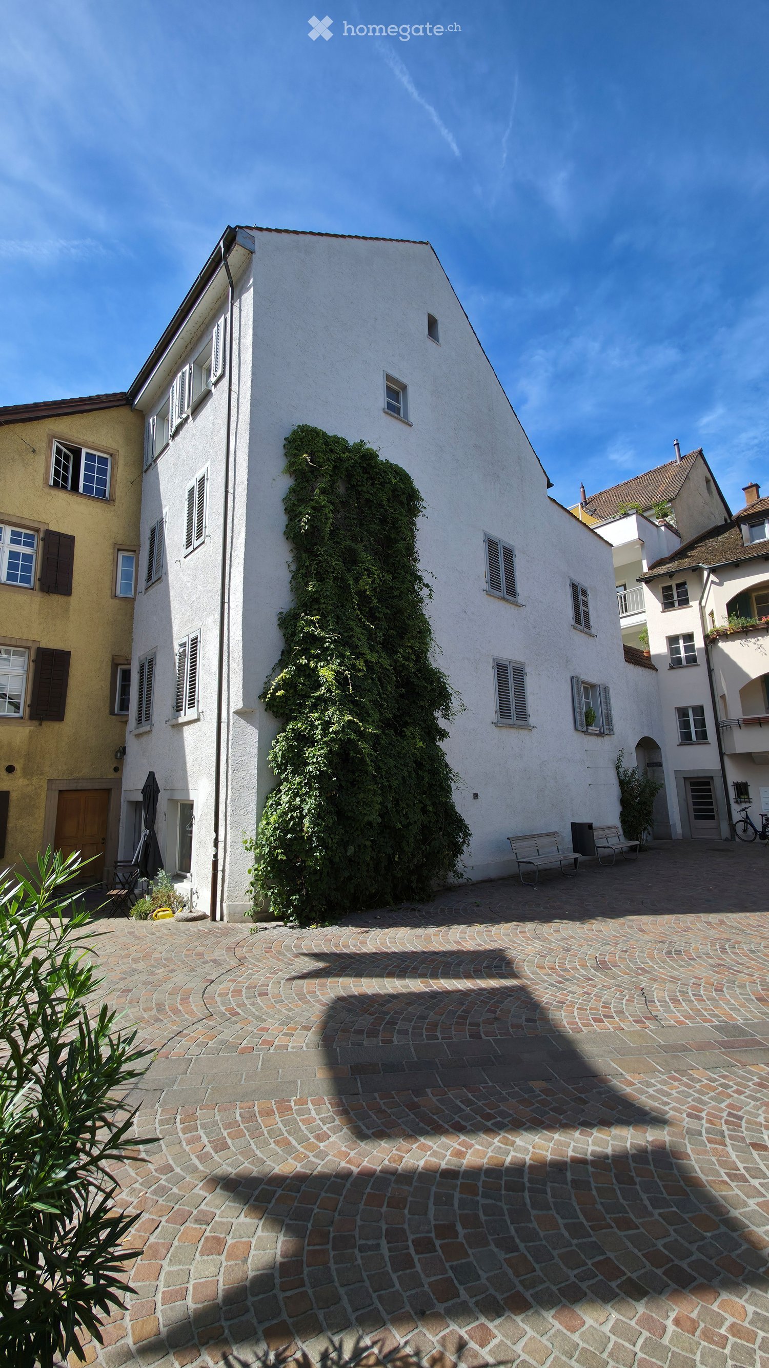 A white building with a green ivy-covered wall, surrounded by a cobblestone courtyard with benches and a bicycle nearby.