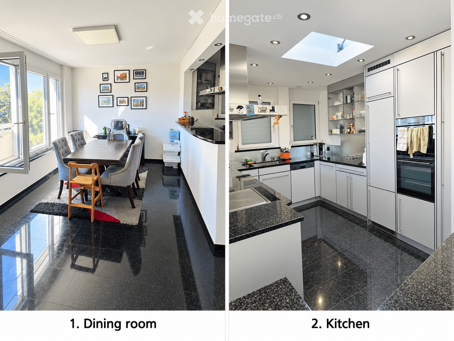 Modern kitchen with white cabinets, granite countertops, stainless steel appliances, and a large island. Features include a built-in oven, refrigerator, sink, and ample storage space.