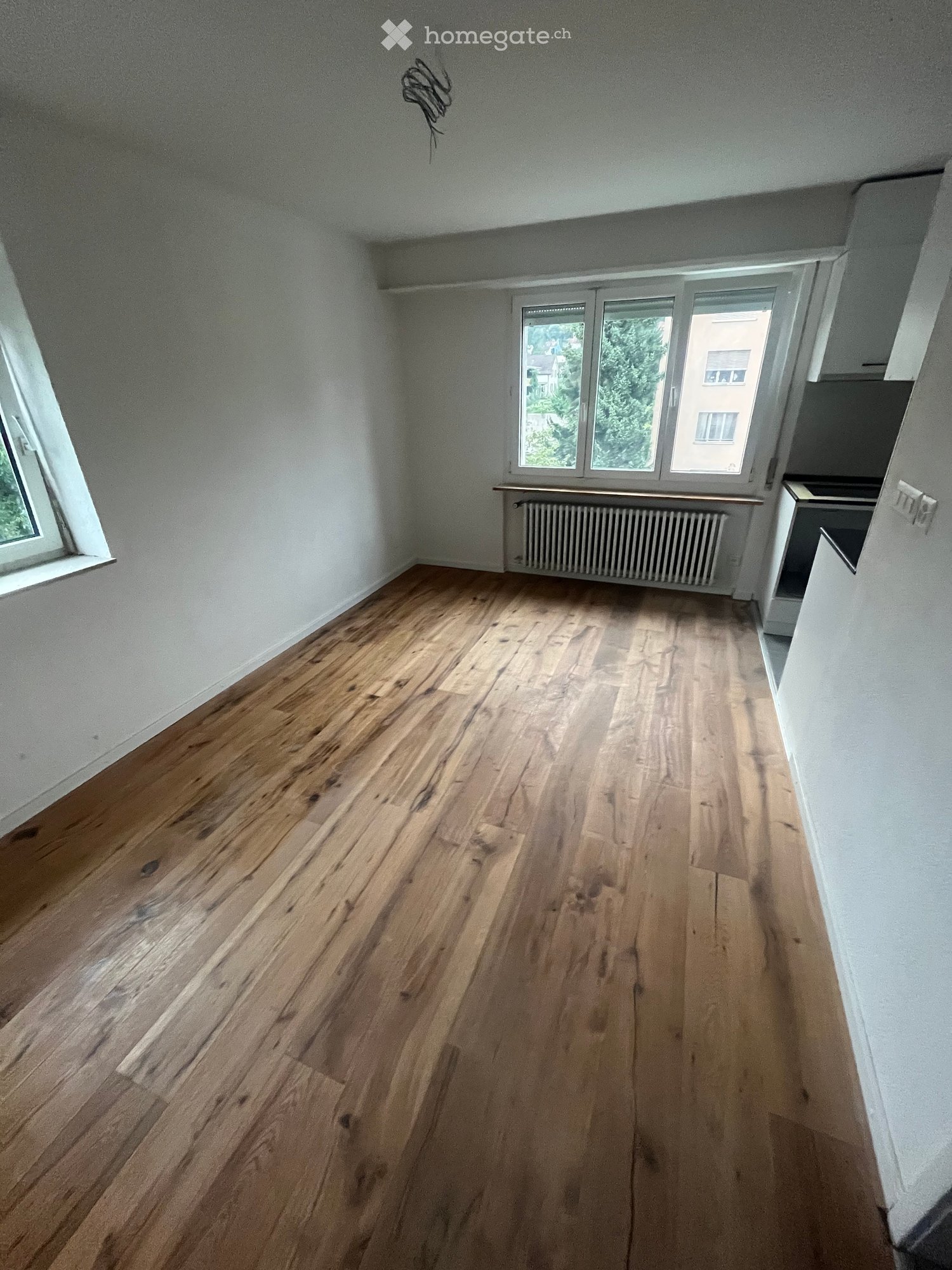 Empty room with wooden flooring, white walls, and large windows offering a view of greenery and buildings. A radiator is visible beneath one window, and a small portion of a kitchen area is visible on the right side.