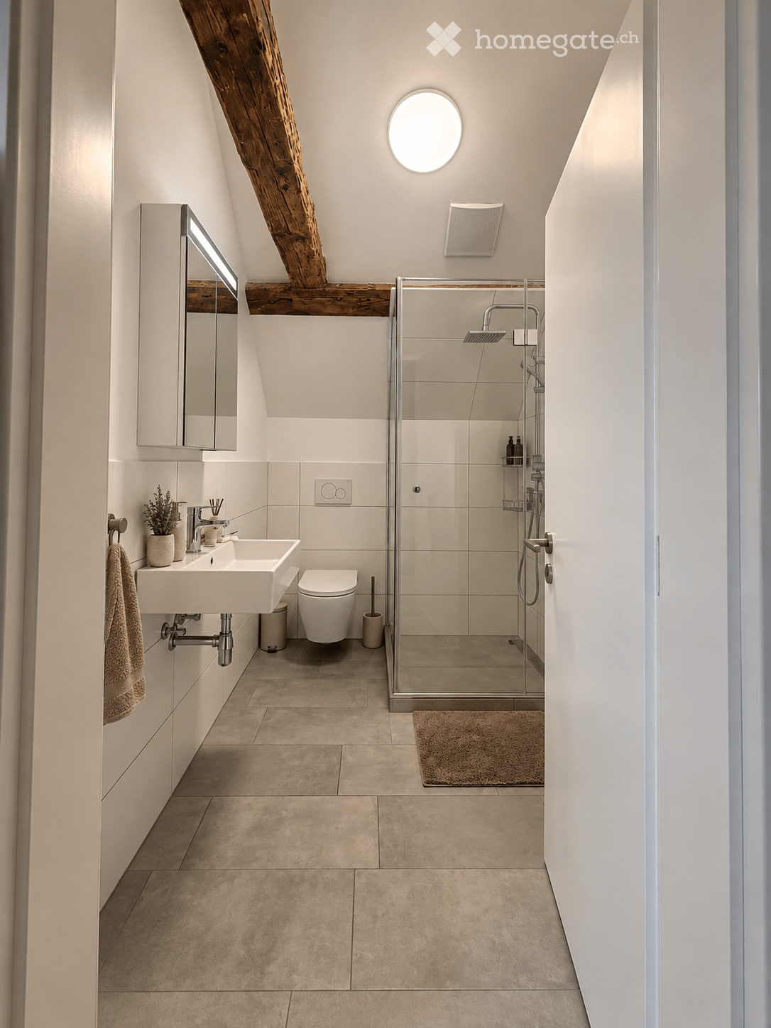 Modern bathroom with a white sink, toilet, glass-enclosed shower, and a wooden ceiling beam. Features include a round skylight, a towel, and a small plant on the sink counter.