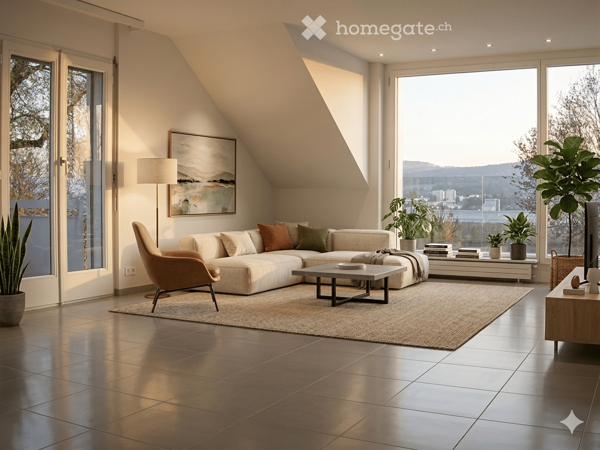 Large windows, balcony, beige sofa, coffee table, coffee mug, center table, floor lamp, framed painting, chair, side table, potted plants