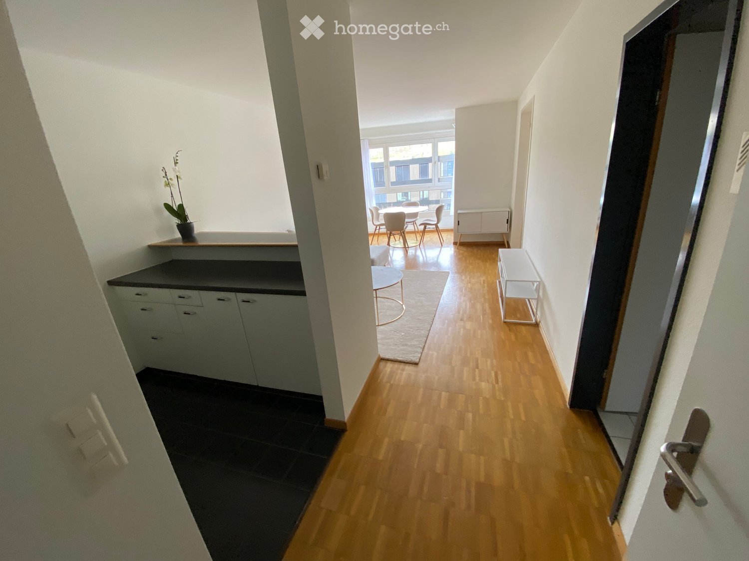 A modern hallway with wooden flooring, white walls, and a small kitchen area visible on the left. A dining area with chairs and a table is visible in the background, along with a small round table and a rug.