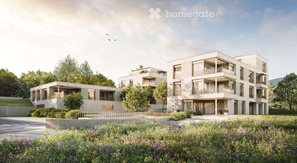 Modern multi-story residential building with balconies, surrounded by greenery and a landscaped garden area.