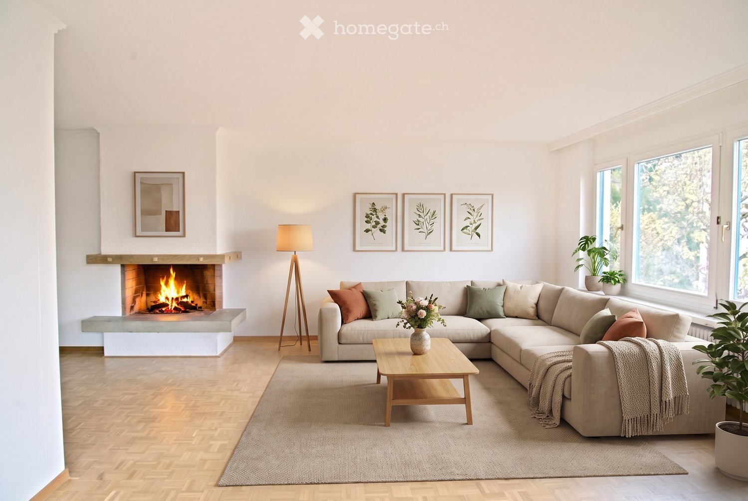 Modern living room with a beige sectional sofa, wooden coffee table, floor lamp, fireplace, and decorative plants.