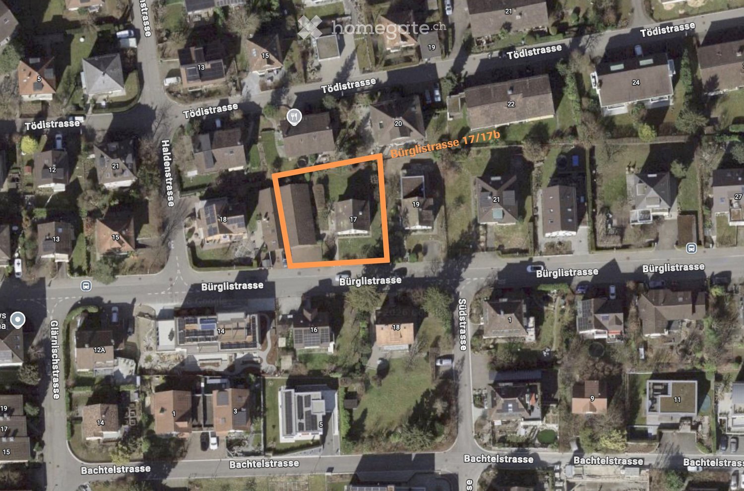 Aerial view of a residential area showing multiple houses, streets, and numbered addresses. The highlighted property is located at Bürglistrasse 17/17b, surrounded by neighboring houses and greenery.