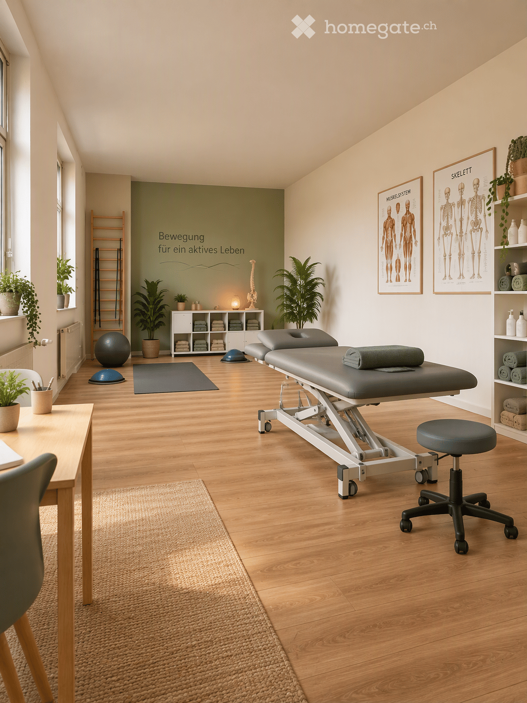 A well-lit, modern room with wooden flooring, a massage table, a small table with a chair, a stool, exercise balls, shelves with towels, and anatomical posters on the wall.