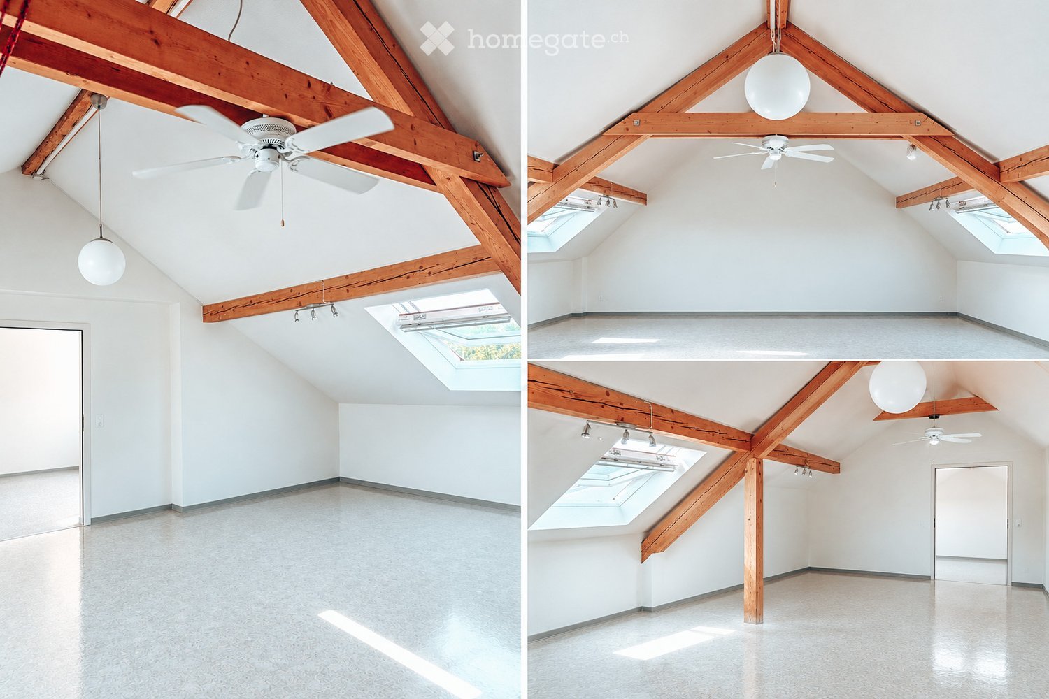 Bright, open loft space with exposed wooden beams, white walls, and skylights. Features include a ceiling fan, pendant lights, and a polished concrete floor.