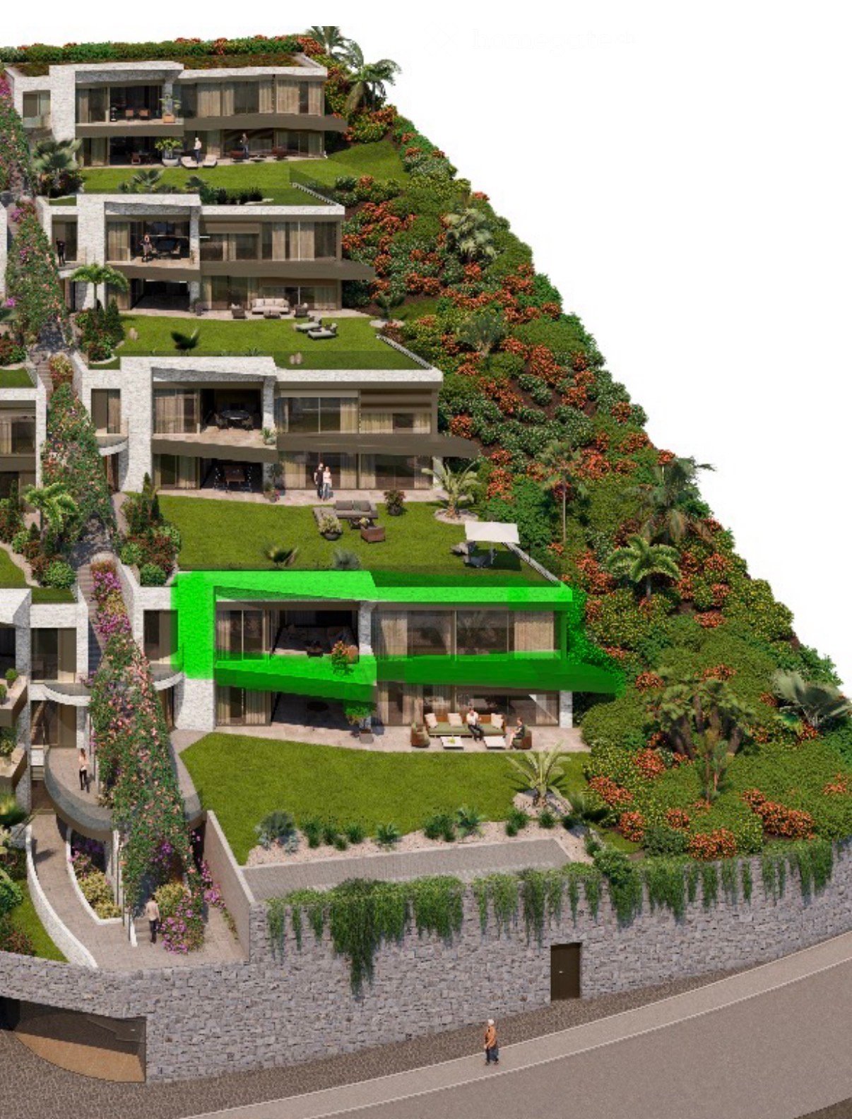 A multi-level modern house built into a hillside, featuring expansive terraces, large windows, and lush greenery.