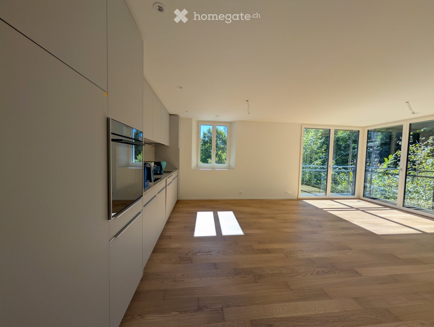 Empty room with wooden flooring, large windows, and modern cabinetry on one side.
