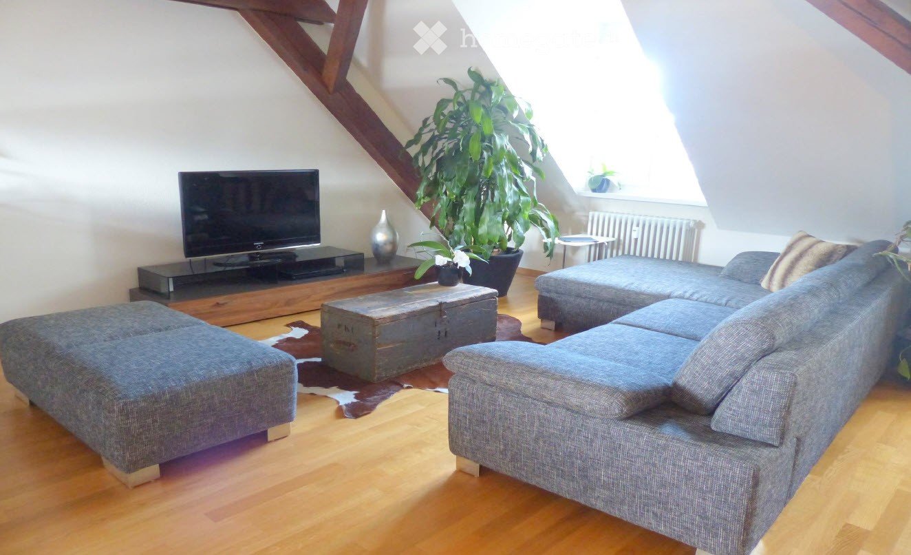 Modern living room with wooden flooring, grey sectional sofa, coffee table, television, and decorative plants.