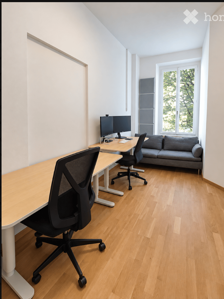 Modern, minimalist room with light wooden flooring, white walls, and large windows. Features a grey sofa, a desk with a computer and dual monitors, and ergonomic chairs.
