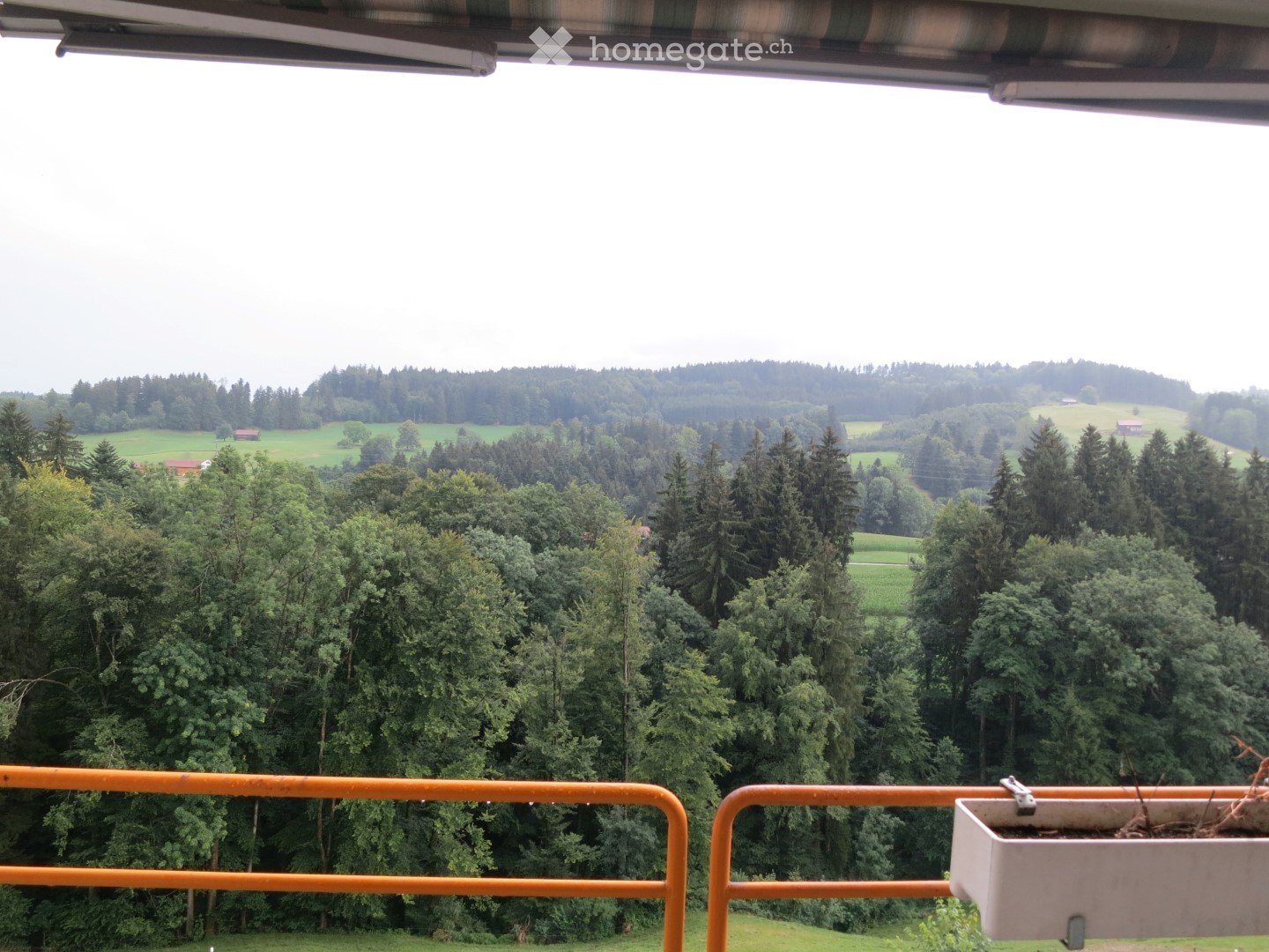 Balcony with orange railing, overlooking a lush green forest and countryside landscape.