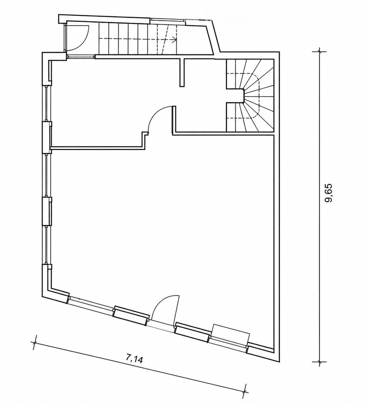 Floor plan of a residential space featuring a living area, kitchen, bedroom, and bathroom. Dimensions are marked for each room.