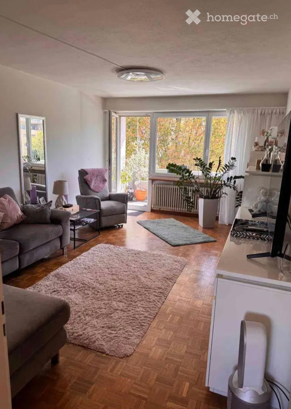 Modern living room with wooden flooring, a grey sofa, armchair, coffee table, television, and large windows with a view of greenery.