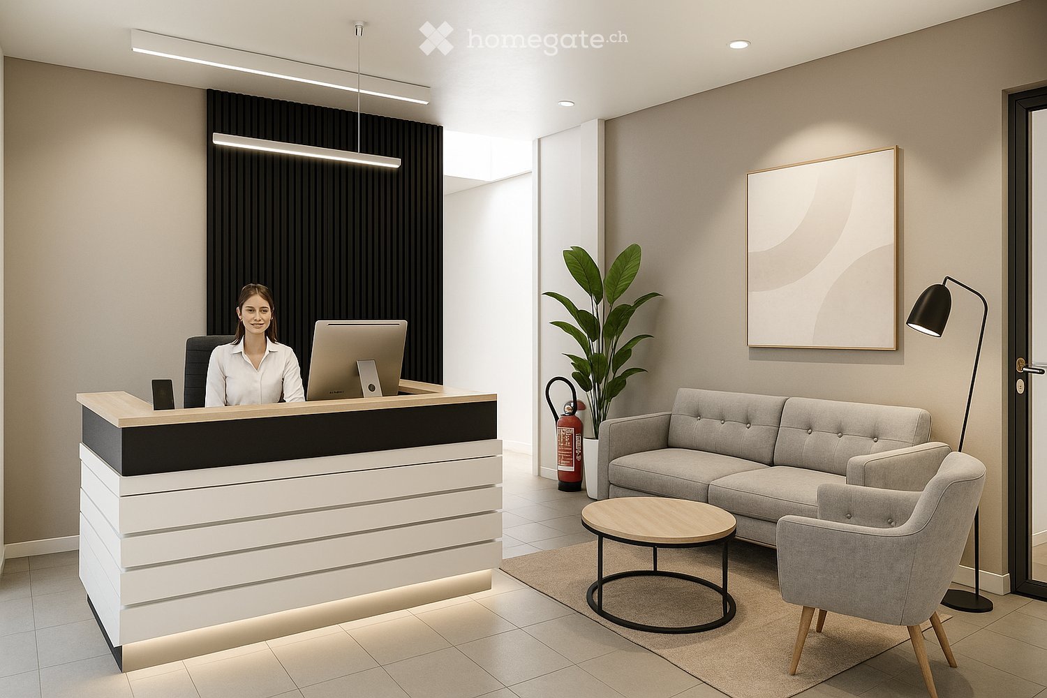 Modern reception area with a sleek white reception desk, a grey sofa, a round coffee table, a chair, a large plant, and a framed picture on the wall.