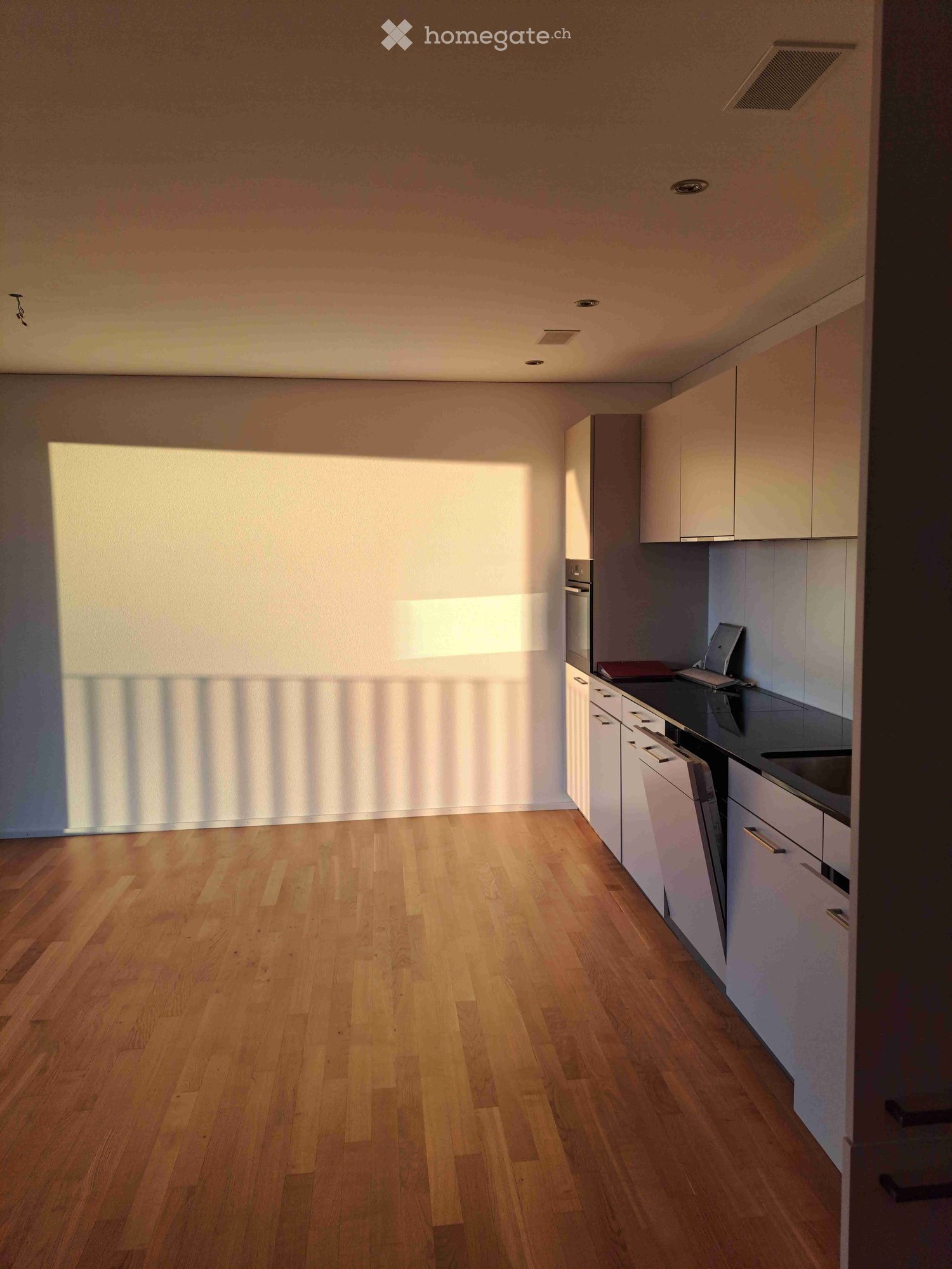 Empty kitchen with light wooden flooring, white cabinets, and a dark countertop. No appliances or furniture are present.