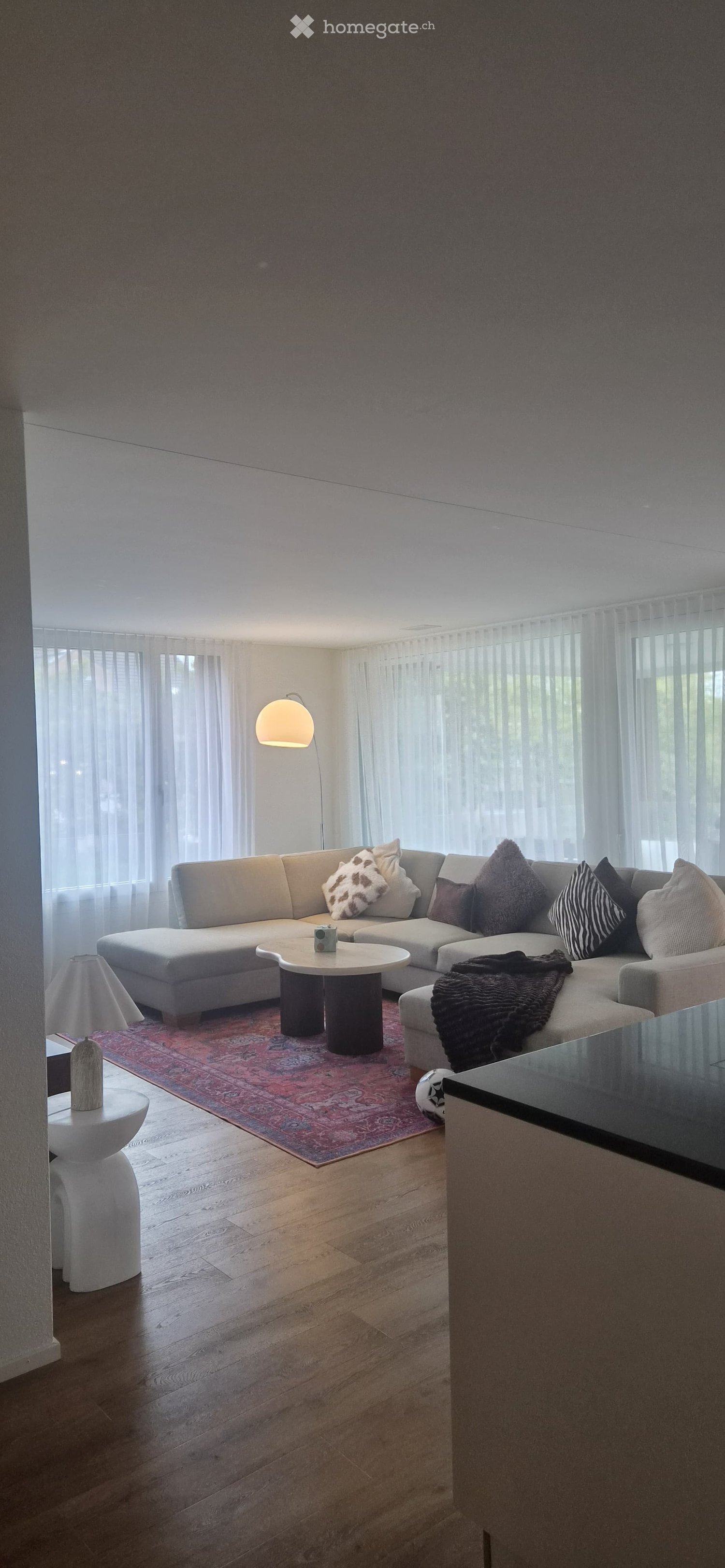 Modern living room with a sectional sofa, coffee table, floor lamp, and decorative pillows on a patterned rug.