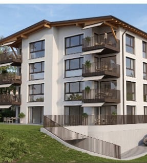 Modern multi-story residential building with balconies, large windows, and a landscaped front yard.