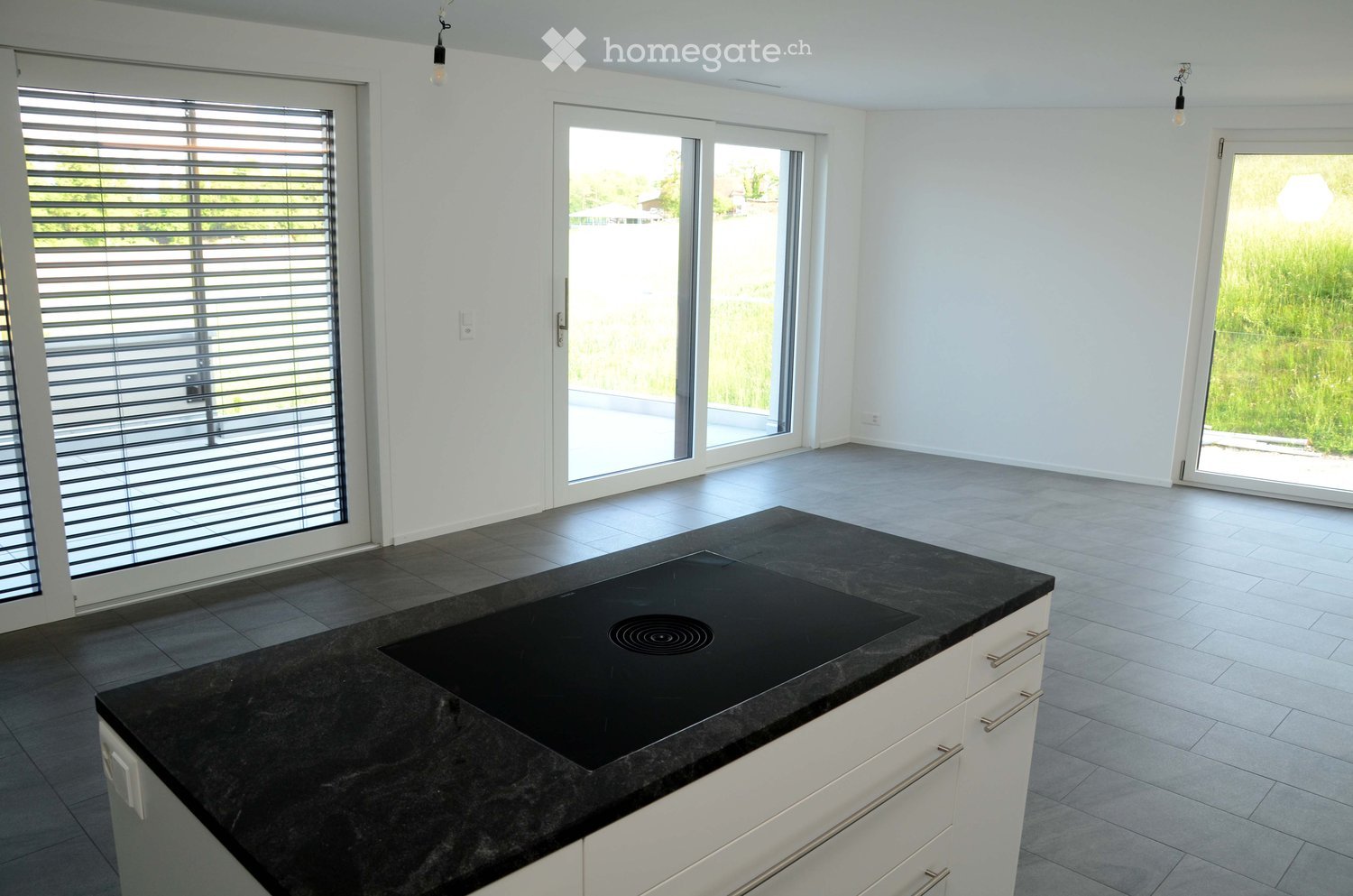 Modern kitchen with white cabinets, black granite countertop, and an induction cooktop. Large sliding glass doors lead to an outdoor area.
