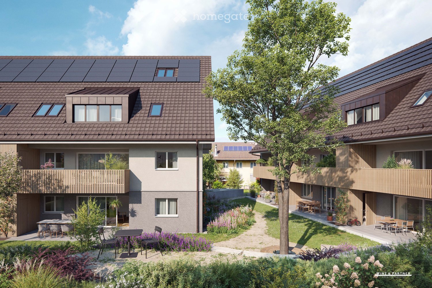 solar panels, brown roof, balconies, garden, outdoor seating