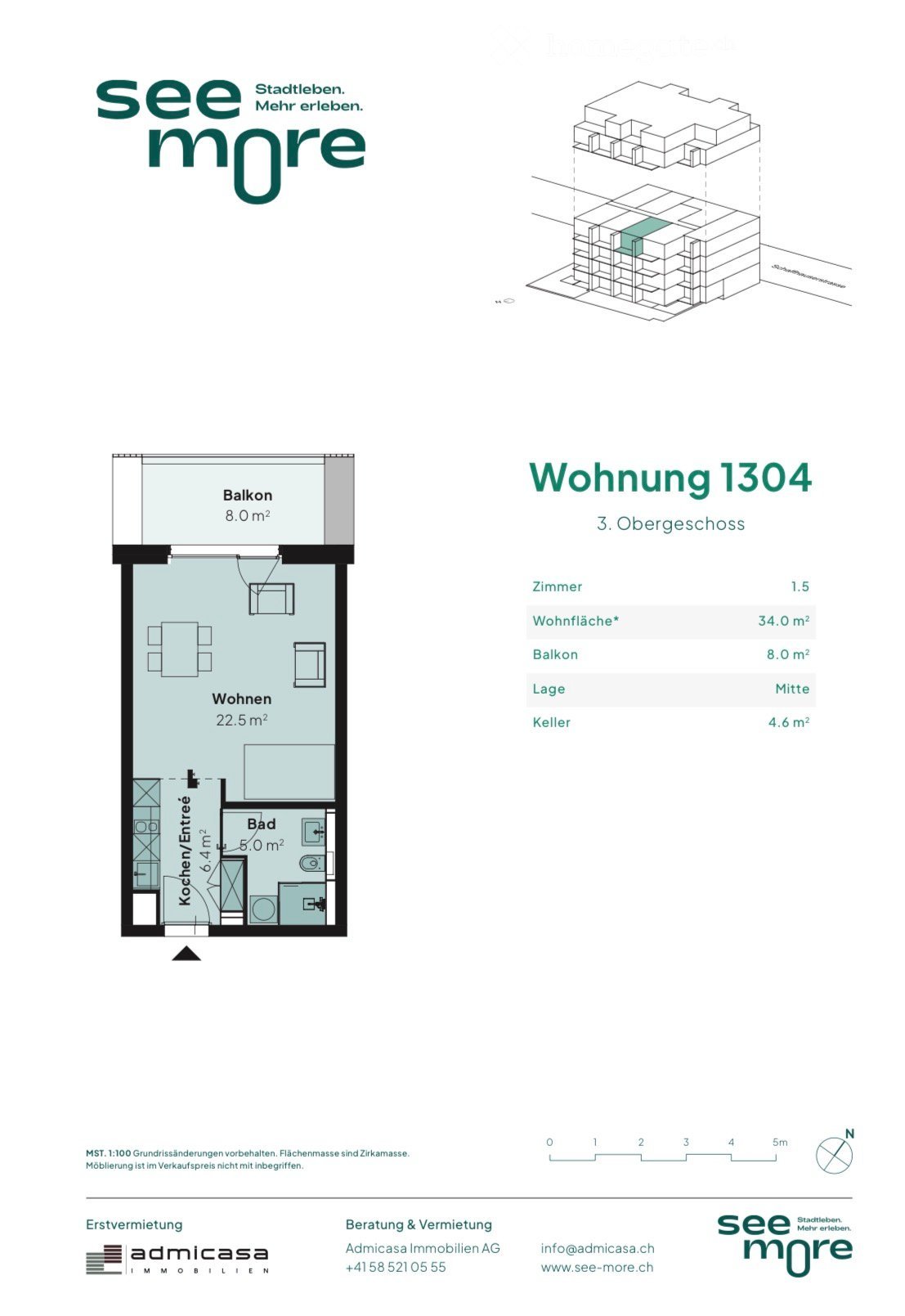 Floor plan of apartment 1304 on the 3rd upper floor, showing a living area, kitchen/entrance, bathroom, and balcony.