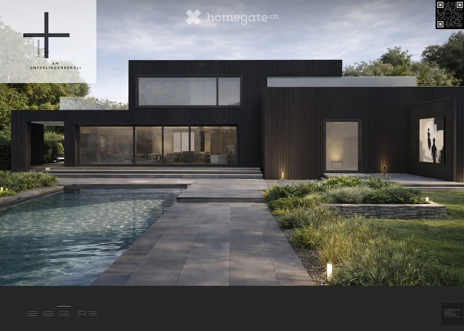 Modern two-story house with dark wood siding, large windows, and a spacious outdoor area featuring a swimming pool and landscaped garden.