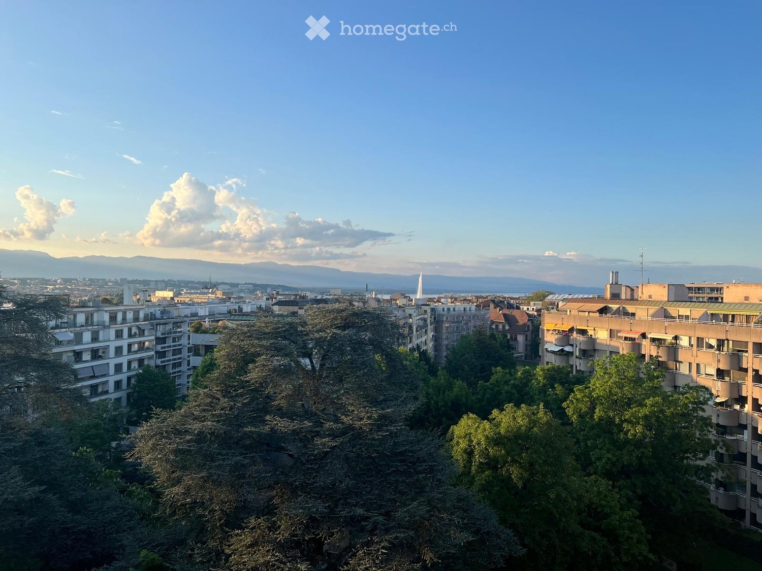 Panoramic view of a cityscape with multiple residential and commercial buildings, surrounded by trees and a clear blue sky with distant mountains.