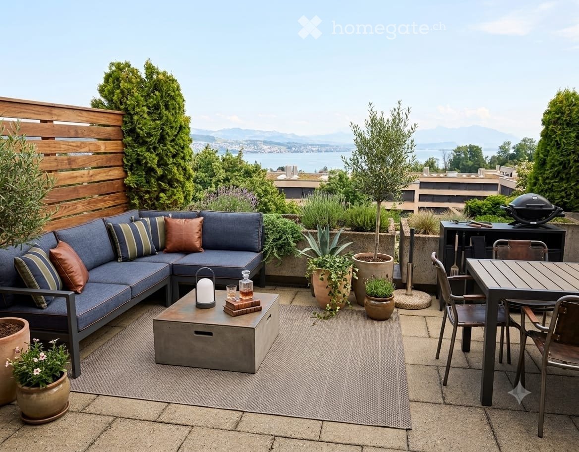 A modern rooftop terrace with a blue sectional sofa, coffee table, dining table, chairs, and potted plants, offering a scenic view of the city and water.