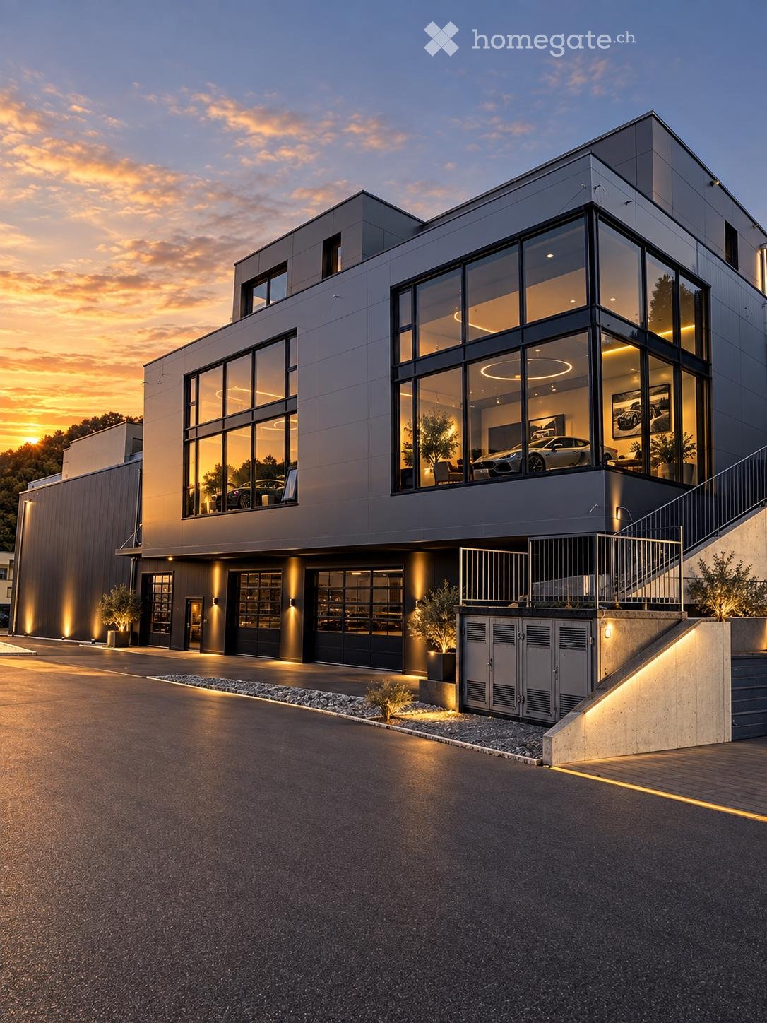 Modern two-story building with large glass windows, illuminated interior, and a sleek, contemporary design.