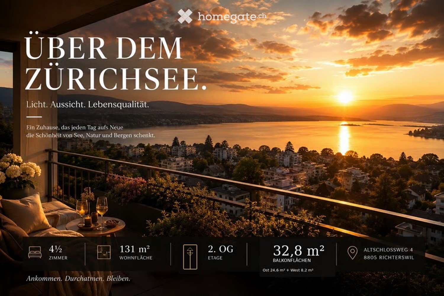 Balcony overlooking Lake Zurich at sunset, with a sofa, small table, wine glasses, and candles, surrounded by greenery and cityscape.